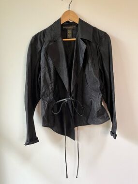Donna Karan Signature Black Silk Shirt Jacket With Leather Tie Quiet Luxury